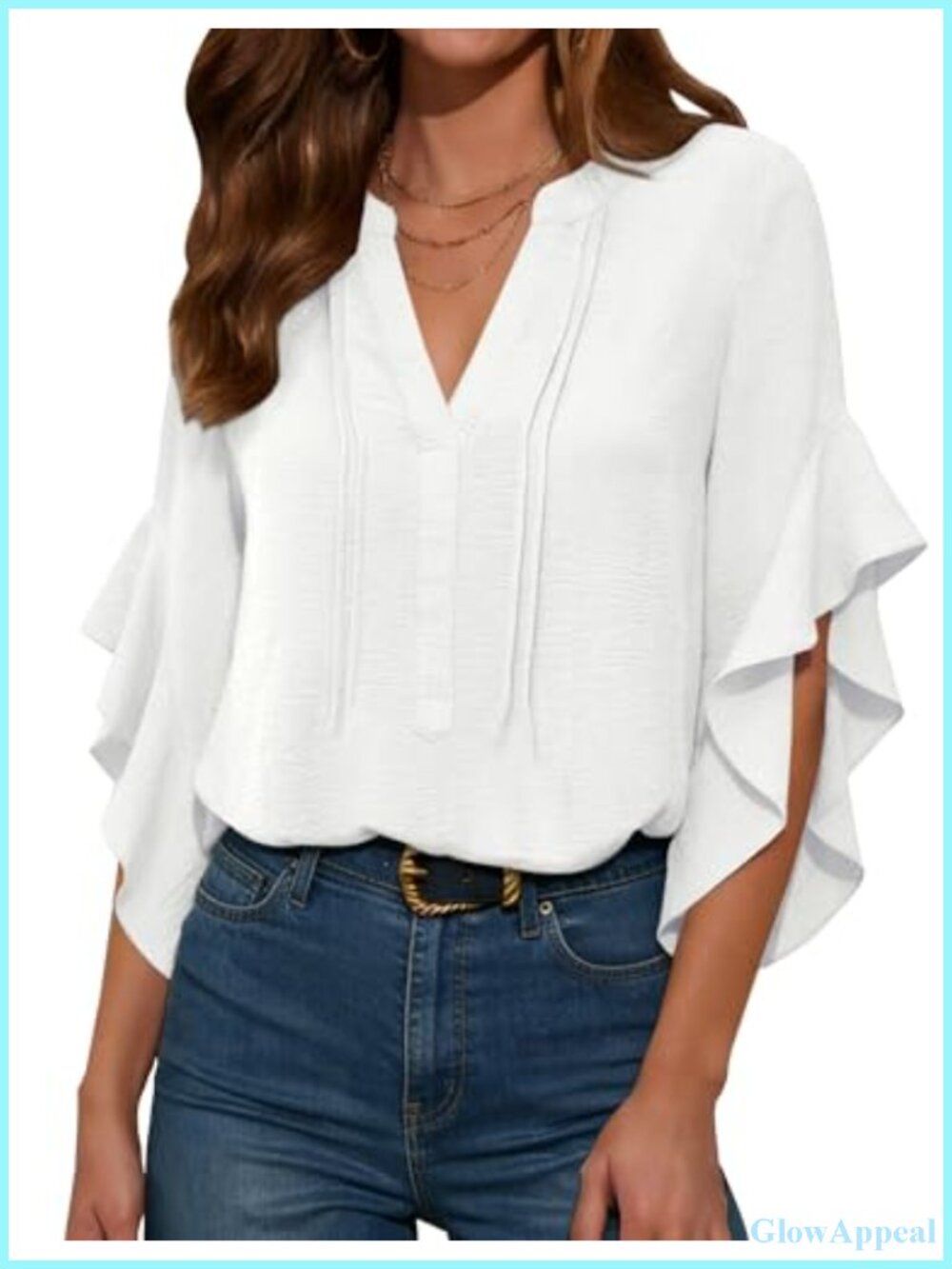 Womens Dressy Casual 3/4 Ruffle Sleeve V-Neck Blouse Work Top